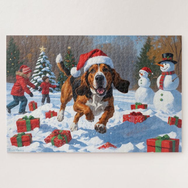 Treeing Walker Coonhound Snow with Christmas Hat Jigsaw Puzzle (Horizontal)