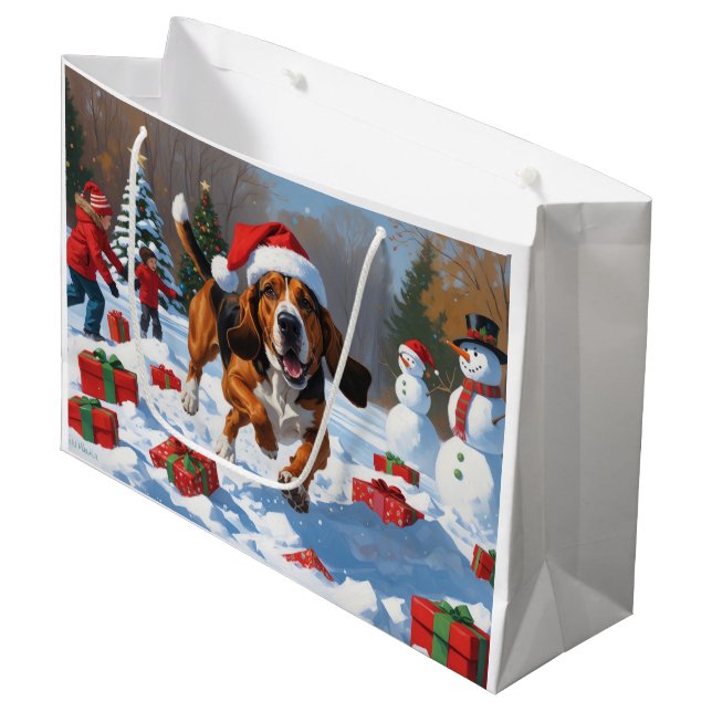 Treeing Walker Coonhound Snow with Christmas Hat Large Gift Bag (Front Angled)