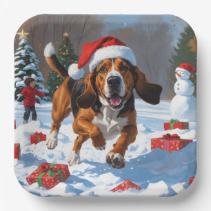 Treeing Walker Coonhound Snow with Christmas Hat Paper Plate