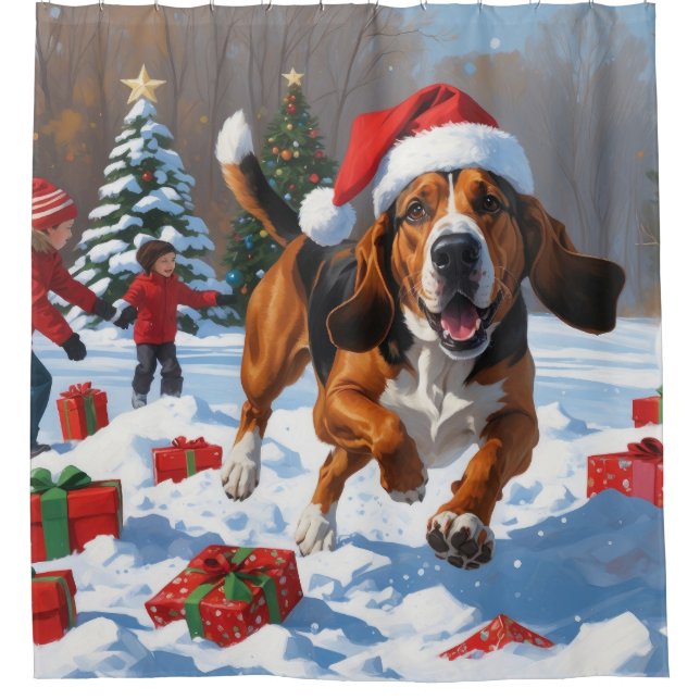 Treeing Walker Coonhound Snow with Christmas Hat Shower Curtain (Front)