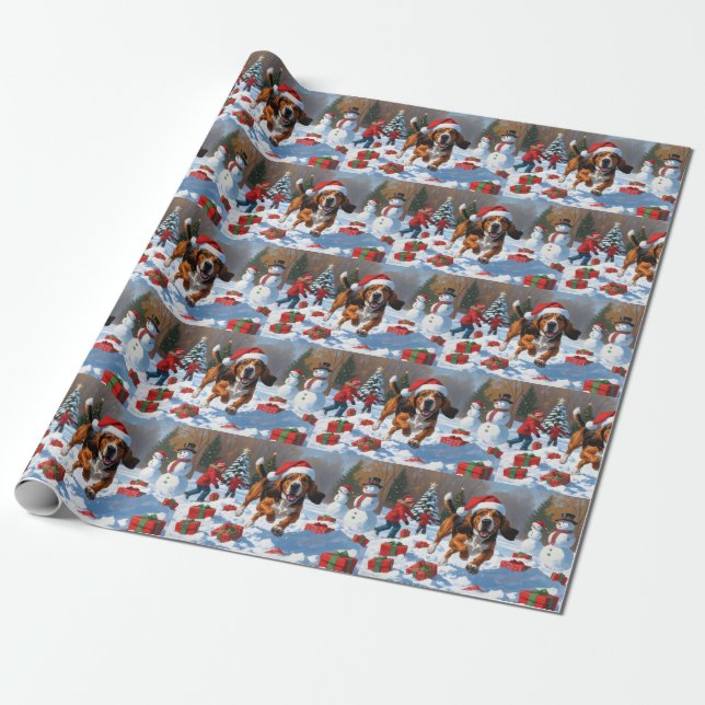 Treeing Walker Coonhound Snow with Christmas Hat Wrapping Paper (Unrolled)