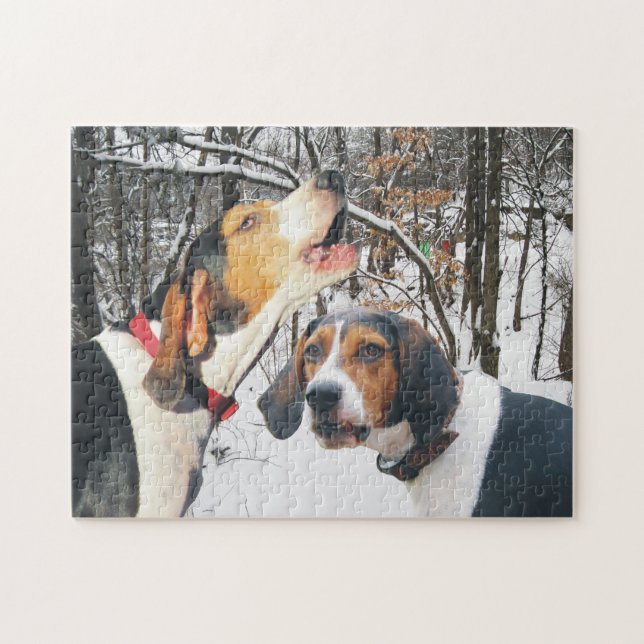 Treeing Walker Coonhounds in Snowy Woods Jigsaw Puzzle (Horizontal)