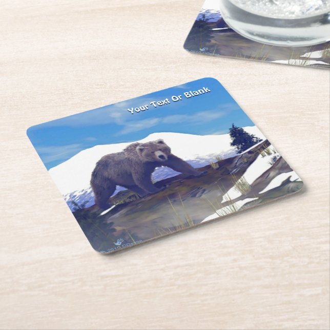 Treeline Grizzly Square Paper Coaster (Angled)