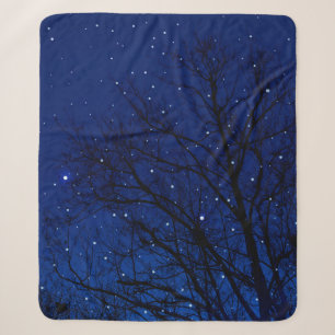 Trees against starry sky background. Trees at nigh Sherpa Blanket