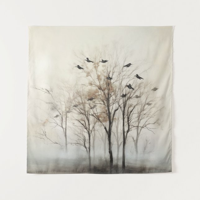 Trees and Birds Abstract Canvas Tapestry (Front)