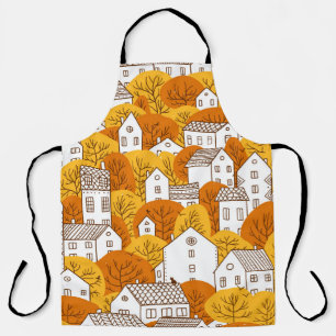 Trees and houses seamless pattern. Autumn, fall ci Apron
