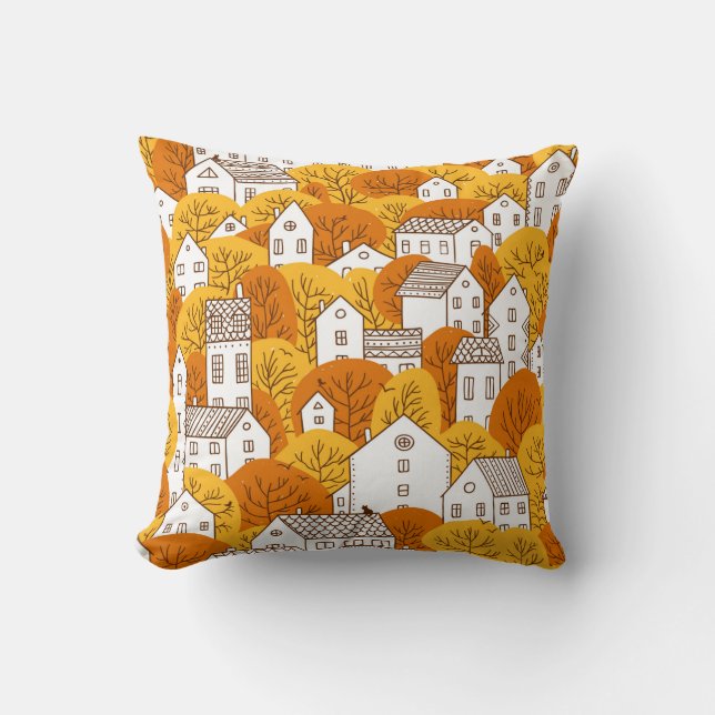Trees and houses seamless pattern. Autumn, fall ci Cushion (Front)