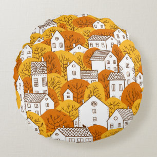 Trees and houses seamless pattern. Autumn, fall ci Round Cushion