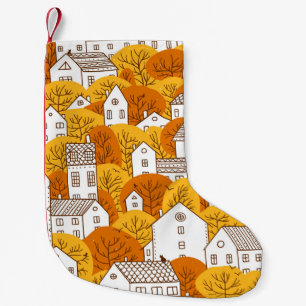 Trees and houses seamless pattern. Autumn, fall ci Small Christmas Stocking