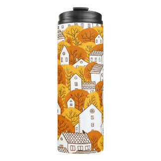 Trees and houses seamless pattern. Autumn, fall ci Thermal Tumbler
