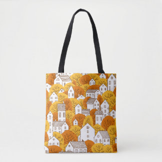 Trees and houses seamless pattern. Autumn, fall ci Tote Bag