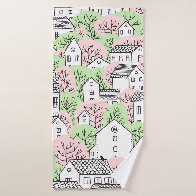 Trees and houses seamless pattern. Spring and summ Bath Towel (Bath Towel)