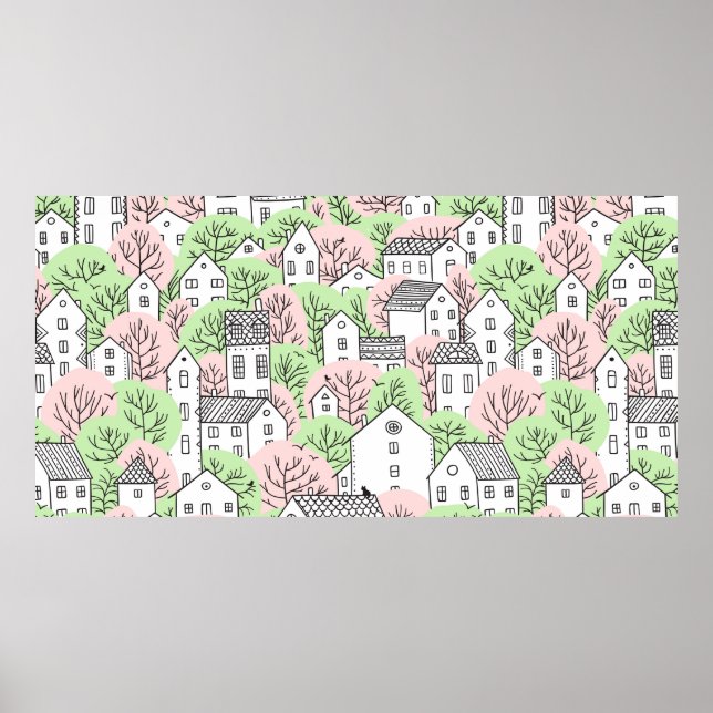 Trees and houses seamless pattern. Spring and summ Poster (Front)