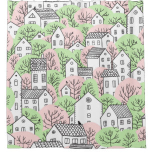 Trees and houses seamless pattern. Spring and summ Shower Curtain