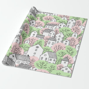 Trees and houses seamless pattern. Spring and summ Wrapping Paper