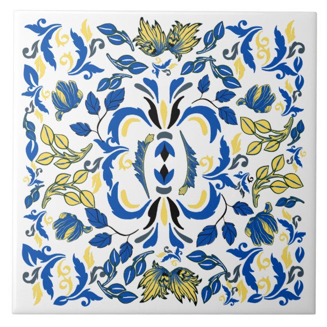 Trees and leaves William Morris blue white yellow Tile (Front)