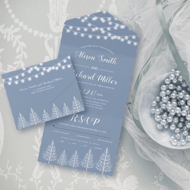 Trees and lights dusty blue winter wedding all in one invitation (Creator Uploaded)