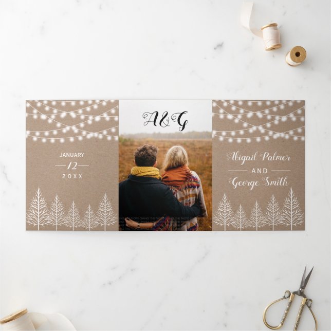 Trees and lights kraft paper rustic winter wedding Tri-Fold invitation (Outside)
