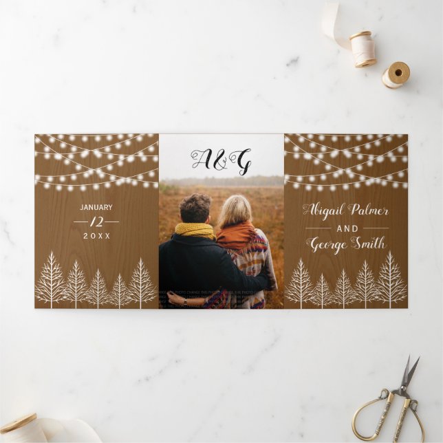 Trees and lights rustic brown wood winter wedding Tri-Fold invitation (Outside)