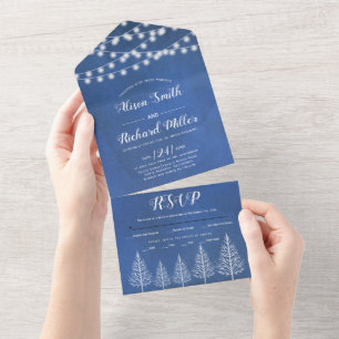 Trees and lights stained blue winter wedding all i in one invitation
