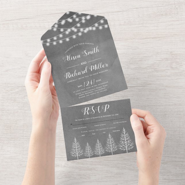 Trees and lights stained grey winter wedding all in one invitation (Tearaway)