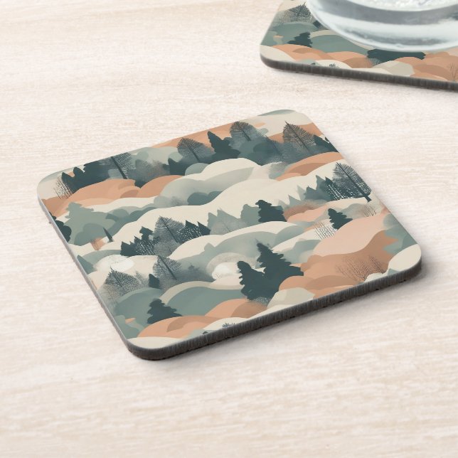 Trees and Mountains Boho Abstract Design Coaster (Left Side)