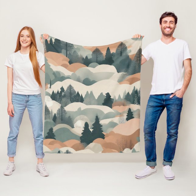 Trees and Mountains Boho Abstract Design Fleece Blanket (In Situ)