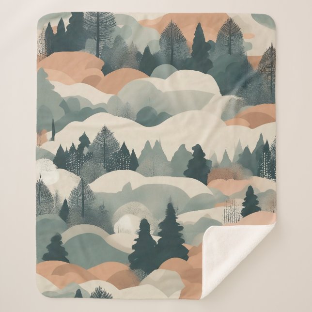 Trees and Mountains Boho Abstract Design Sherpa Blanket (Front)