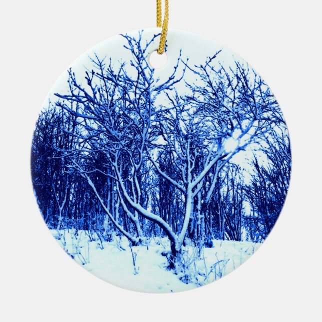 Trees and Snow Scene, Cobalt Blue Ceramic Tree Decoration (Front)