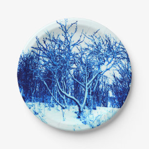 Trees and Snow Scene, Cobalt Blue Paper Plate