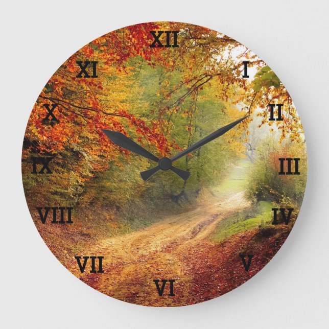 Trees Autumn Fall Leaves Orange Forest  Large Clock (Front)