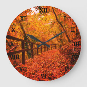 Trees Autumn Fall Leaves Orange Forest  Large Clock