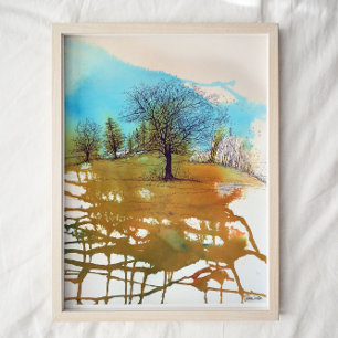 Trees Blue Rust Watercolor Ink Tree Art Poster