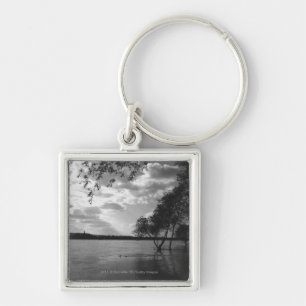 Trees by lake B&W Key Ring