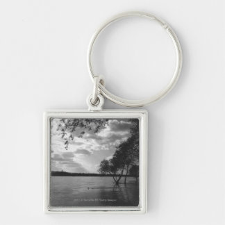 Trees by lake B&W Key Ring