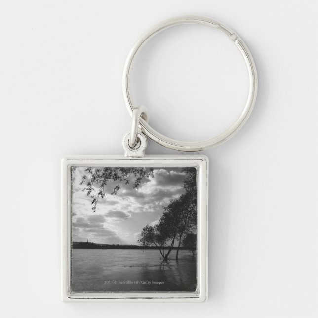 Trees by lake B&W Key Ring (Front)