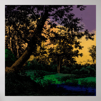 Trees by Pond at Sunset Poster