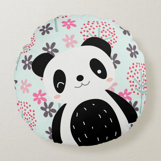 Trees, Flowers, and Panda Bears Round Cushion (Front)