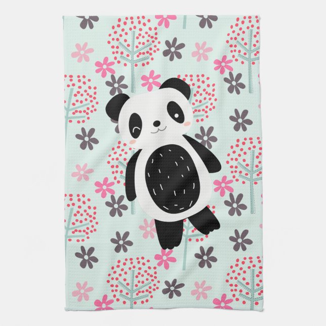 Trees, Flowers, and Panda Bears Tea Towel (Vertical)