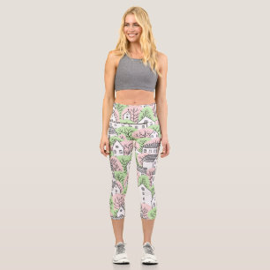 Trees, houses, spring city landscape capri leggings