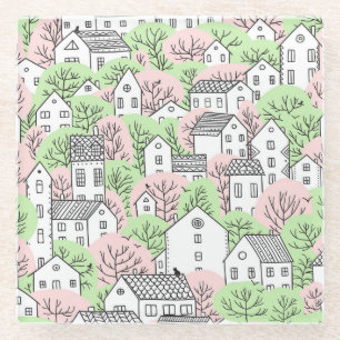 Trees, houses, spring city landscape glass coaster