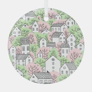 Trees, houses, spring city landscape glass tree decoration