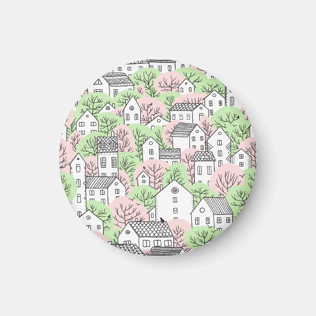 Trees, houses, spring city landscape magnet (Front)