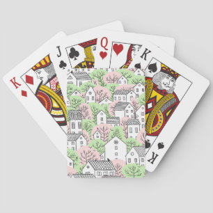 Trees, houses, spring city landscape playing cards