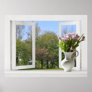 Trees in Springtime - Open Window View with Tulips Poster