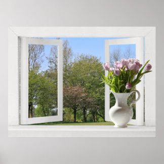Trees in Springtime - Open Window View with Tulips Poster