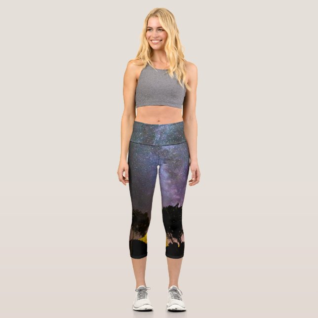 Trees landscape with milky way capri leggings (Front)