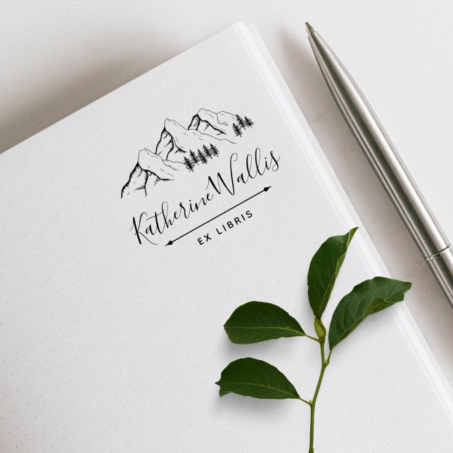 Trees & Mountains Elegant Script Custom Name Book Rubber Stamp (Creator Uploaded)