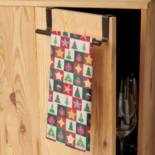 Trees Ornaments and Stars Christmas Collage Tea Towel