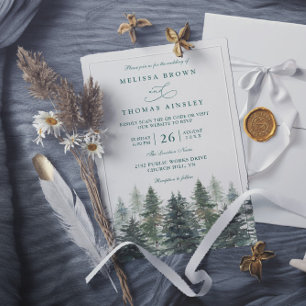 Trees Pine Rustic Forest Elegant QR Code Wedding Invitation